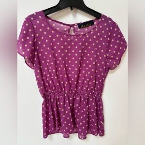 Blue Rain Women's Peplum Short Sleeve Purple Polka Dot Blouse, Medium